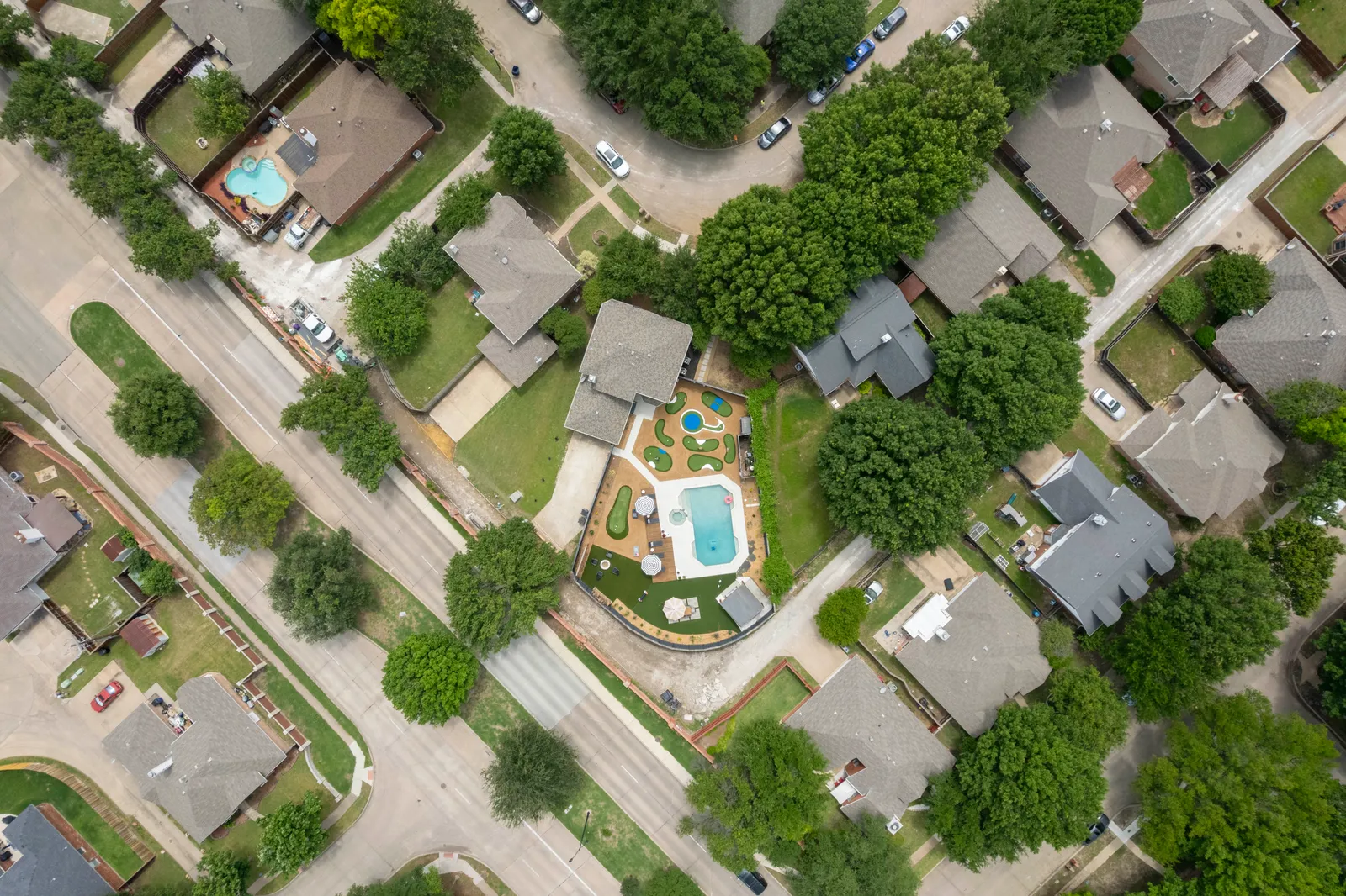 Aerial view of a Frisco backyard rental home near Toyota Stadium